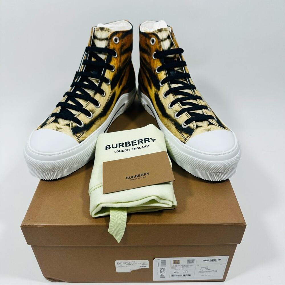 Burberry Jack 43.5/US 10.5 High Top Sneaker in Tiger Print Orange Black NIB $720 - Picture 2 of 10